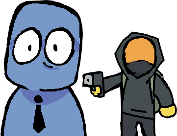 a blue figure wearing a black tie, a featureless yellow figure behind them wearing a hoodie mask and backpack pointing a handgun at them